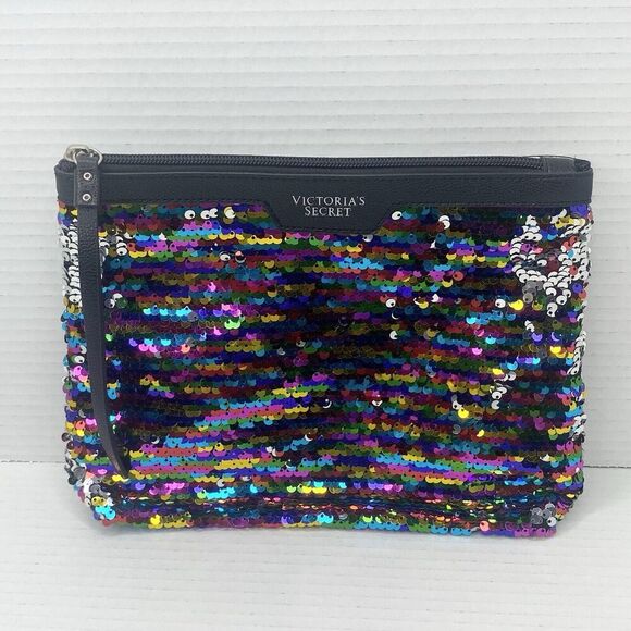 Victoria's Secret Rainbow Sequins Faux Leather Zip Up Clutch Cosmetic Bag Pouch - Picture 1 of 7